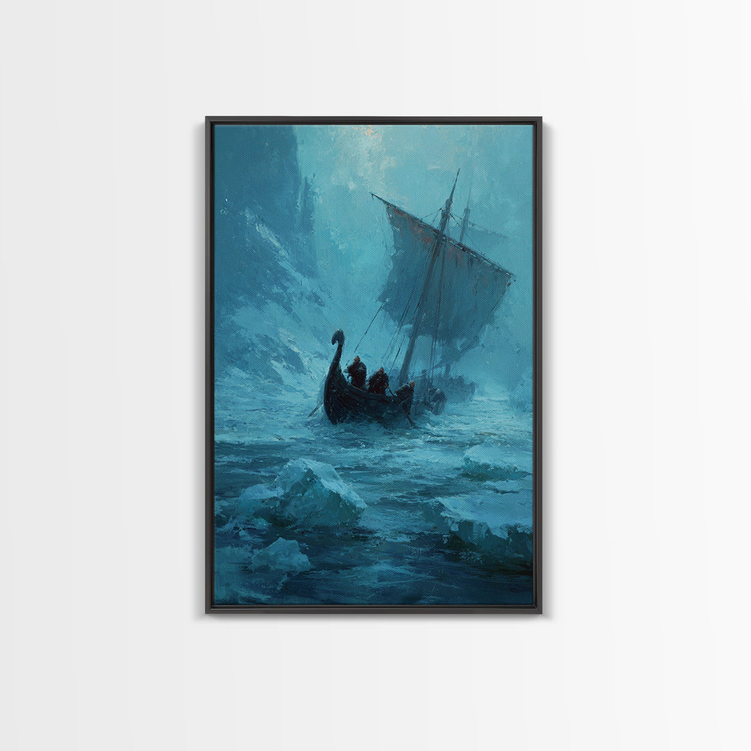 Icy Viking Ship At Sea Canvas Print, Nautical Wall Art, Norse Decor, Coastal Seascape, Fantasy Adventure Home Decor For Living Room