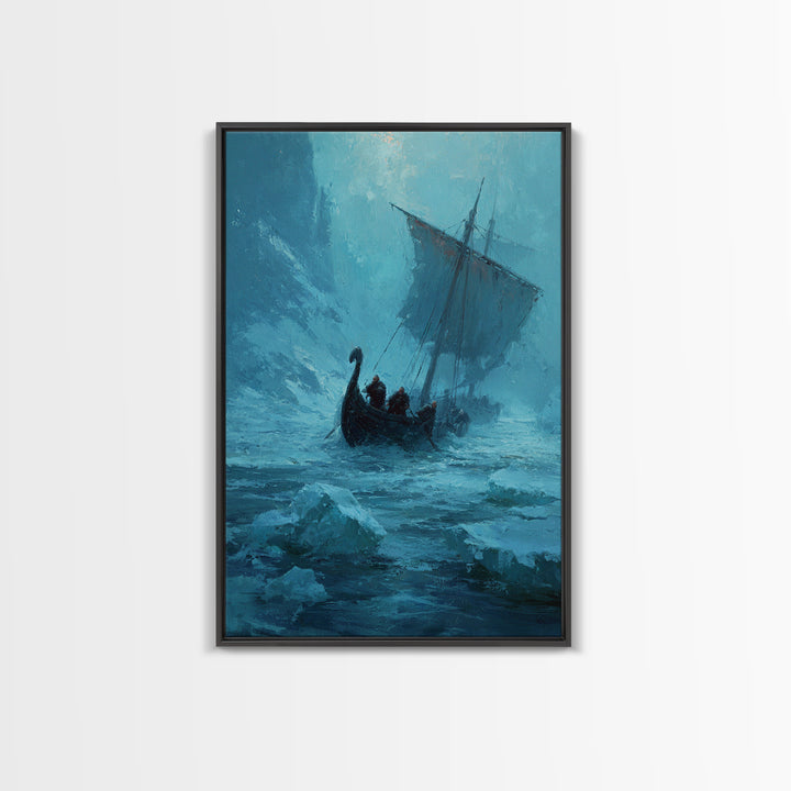 Icy Viking Ship At Sea Canvas Print, Nautical Wall Art, Norse Decor, Coastal Seascape, Fantasy Adventure Home Decor For Living Room