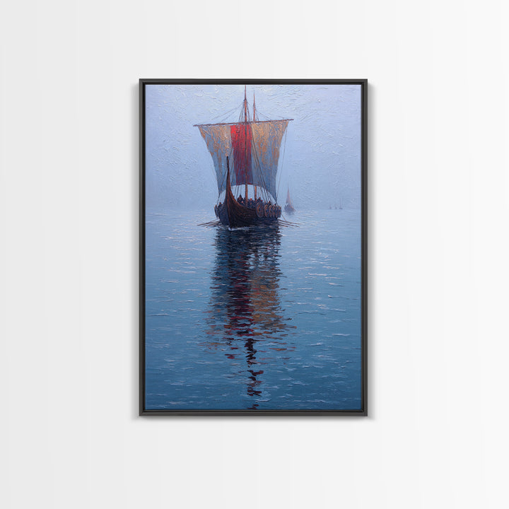 Viking Longship Sailing On Blue Water Framed Canvas Print, Nautical Wall Art, Nordic Seascape Decor, Lake House Art Print