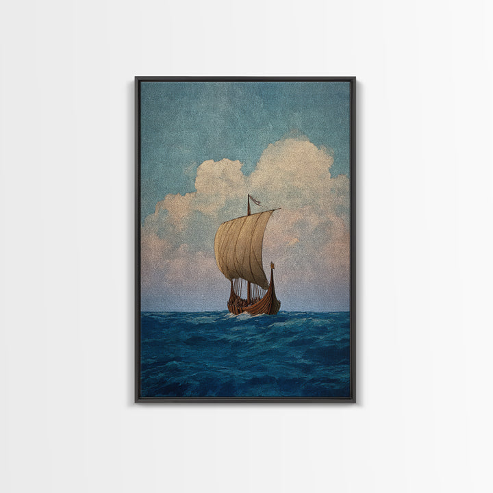 Viking Longship Sailing On Blue Sea Wall Art, Nautical Canvas Print, Scandinavian Coastal Decor, Historical Travel Poster