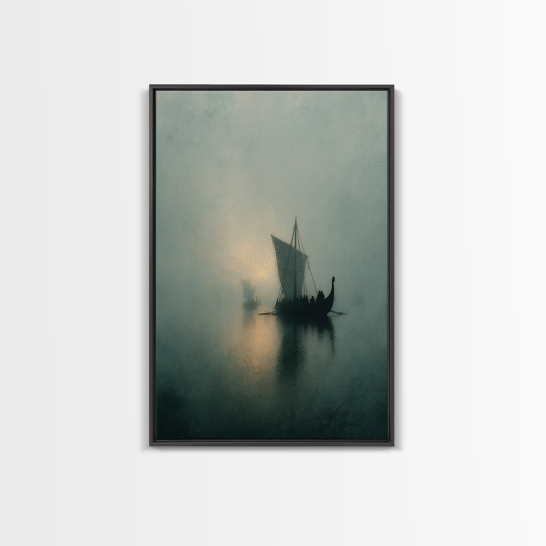 Misty Viking Sailboat On Foggy Water, Framed Canvas Print, Moody Seascape Wall Art, Nautical Decor, Nordic Coastal Art Print