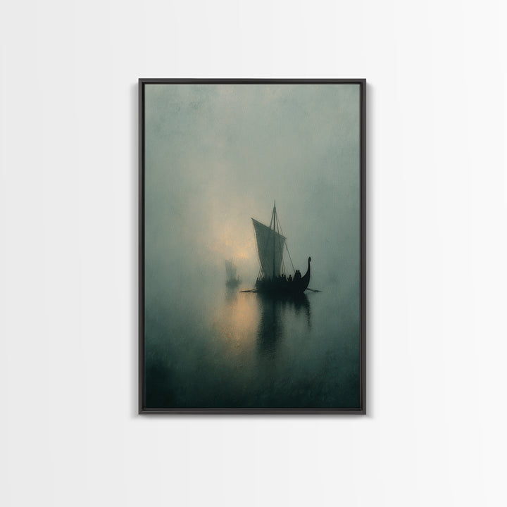 Misty Viking Sailboat On Foggy Water, Framed Canvas Print, Moody Seascape Wall Art, Nautical Decor, Nordic Coastal Art Print