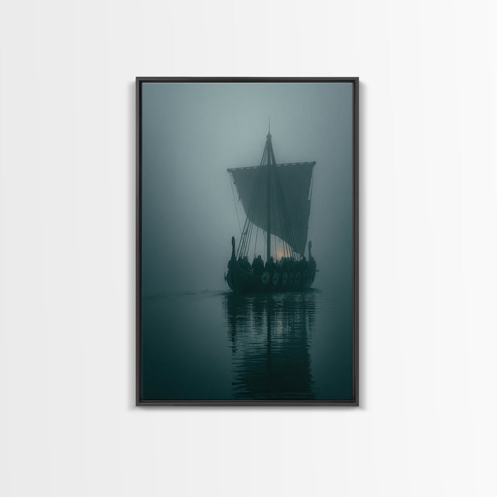 Misty Viking Longship On Dark Water Wall Art, Nordic Nautical Canvas Print, Moody Coastal Decor, Fantasy Seascape Living Room Art