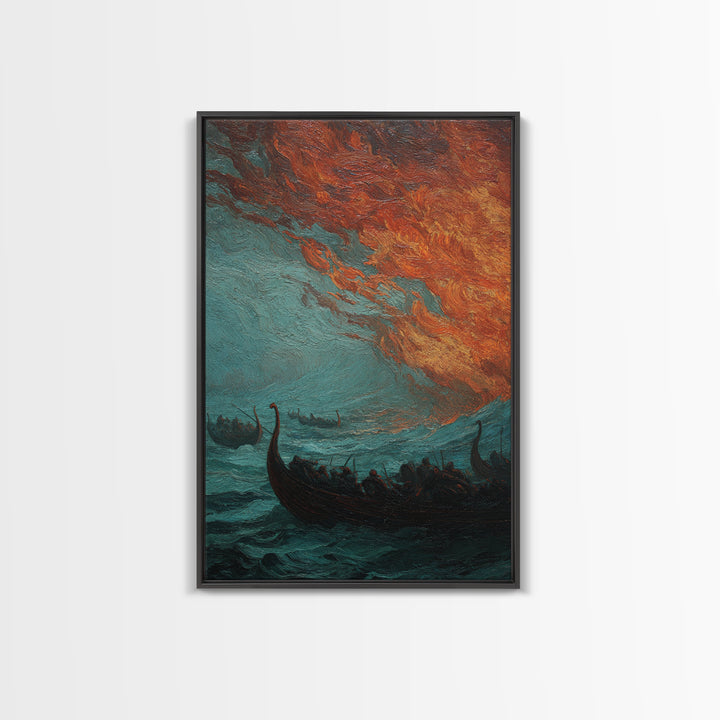 Viking Longships Under Fiery Storm Sky Wall Art, Norse Seascape Canvas Print, Dark Academia Coastal Home Decor, Living Room Decor