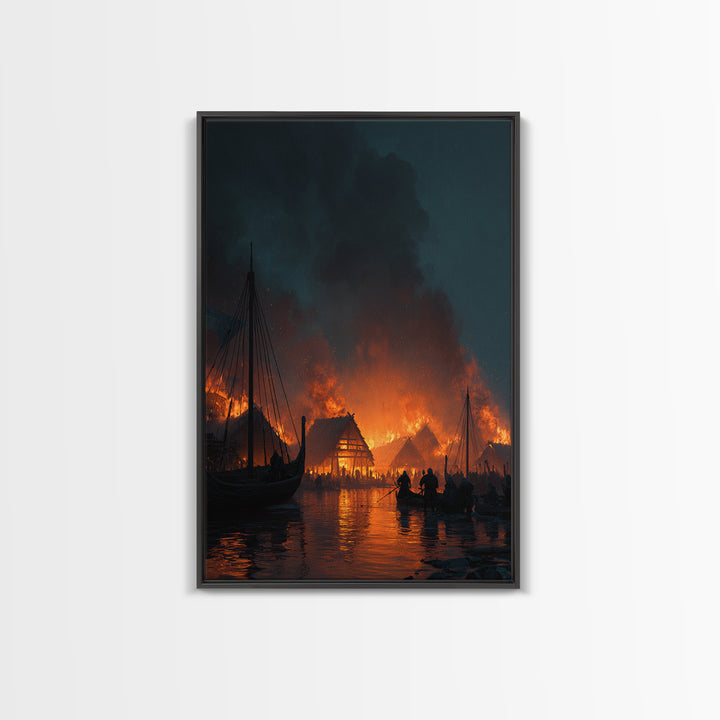 Burning Viking Harbor At Night Wall Art, Nordic Village Canvas Print, Dark Fantasy Decor, Moody Seascape Living Room Art