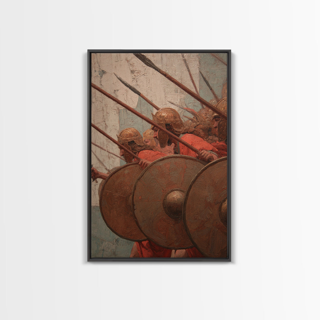 Ancient Shield Wall Canvas Print, Greek Phalanx Soldiers With Spears, Historical Battle Art For Masculine Office Decor Gift