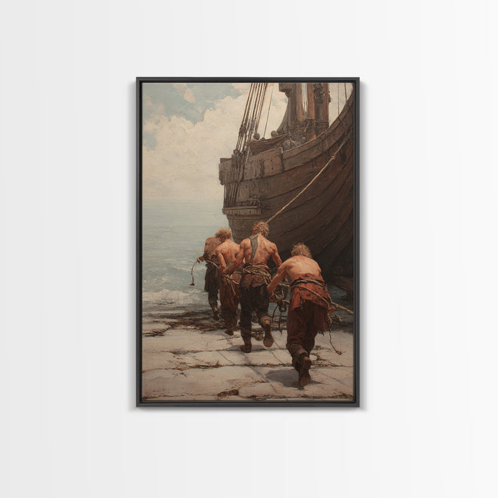 Ancient Ship Haulers Canvas Print, Roman Harbor Warrior Wall Art, Historical Oil Painting, Masculine Office Decor Gift For Him