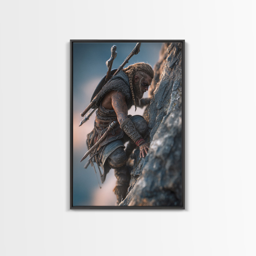 Viking Climbing Sheer Mountain Cliff Framed Canvas Print, Norse Warrior Wall Art, Fantasy Adventure Decor Print, Gift For Him