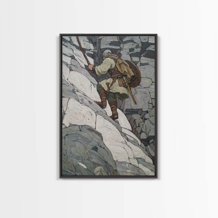 Viking Climber Scaling Snowy Cliffs Canvas Print, Norse Adventure Wall Art, Mountain Landscape Decor, Rustic Cabin Gift Print