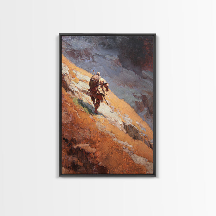 Armored Warrior Hiking Rugged Mountain Pass Canvas Print, Fantasy Landscape Art, Viking Wall Decor, Adventure Home Decor
