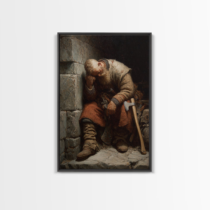 Exhausted Medieval Blacksmith Sleeping By Stone Wall, Canvas Print, Rustic Wall Art, Historical Portrait, Workshop Decor