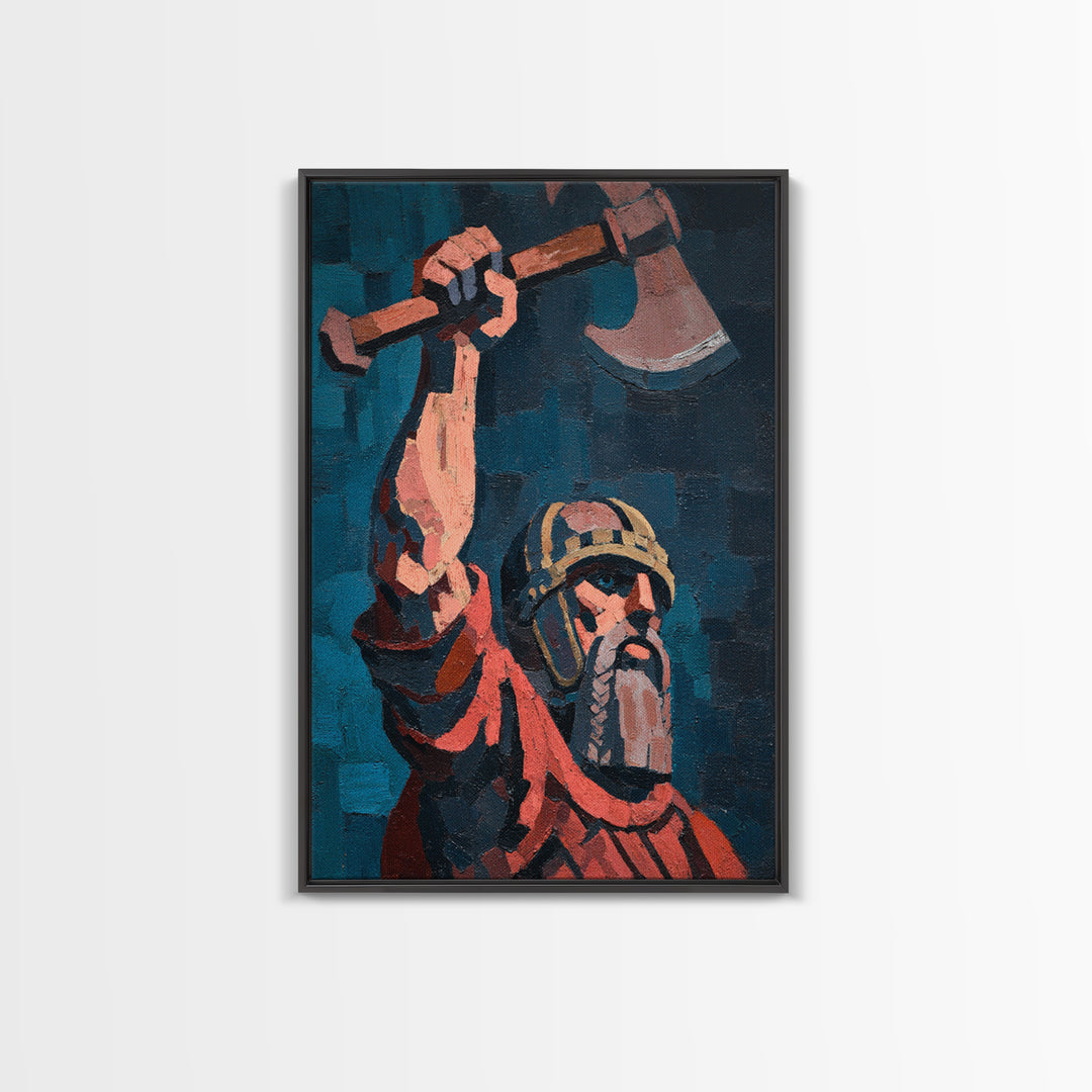 Rustic Viking Warrior Axe Holding Oil Painting Canvas Print For Masculine Wall Art And Western Home Decor