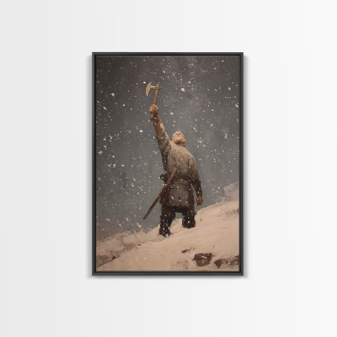 Snowy Viking Warrior Raising Axe, Medieval Fantasy Wall Art, Nordic Oil Painting Print, Rustic Cabin Decor, Gift For Him