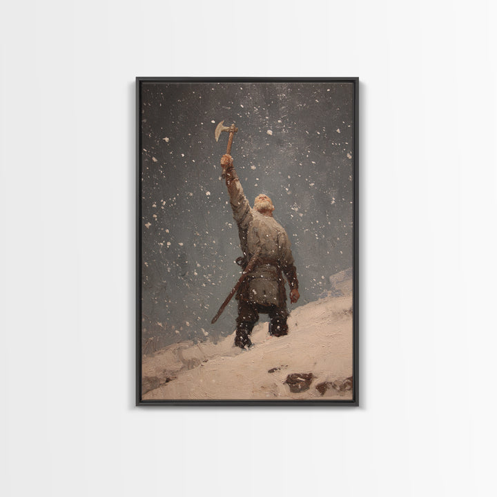 Snowy Viking Warrior Raising Axe, Medieval Fantasy Wall Art, Nordic Oil Painting Print, Rustic Cabin Decor, Gift For Him