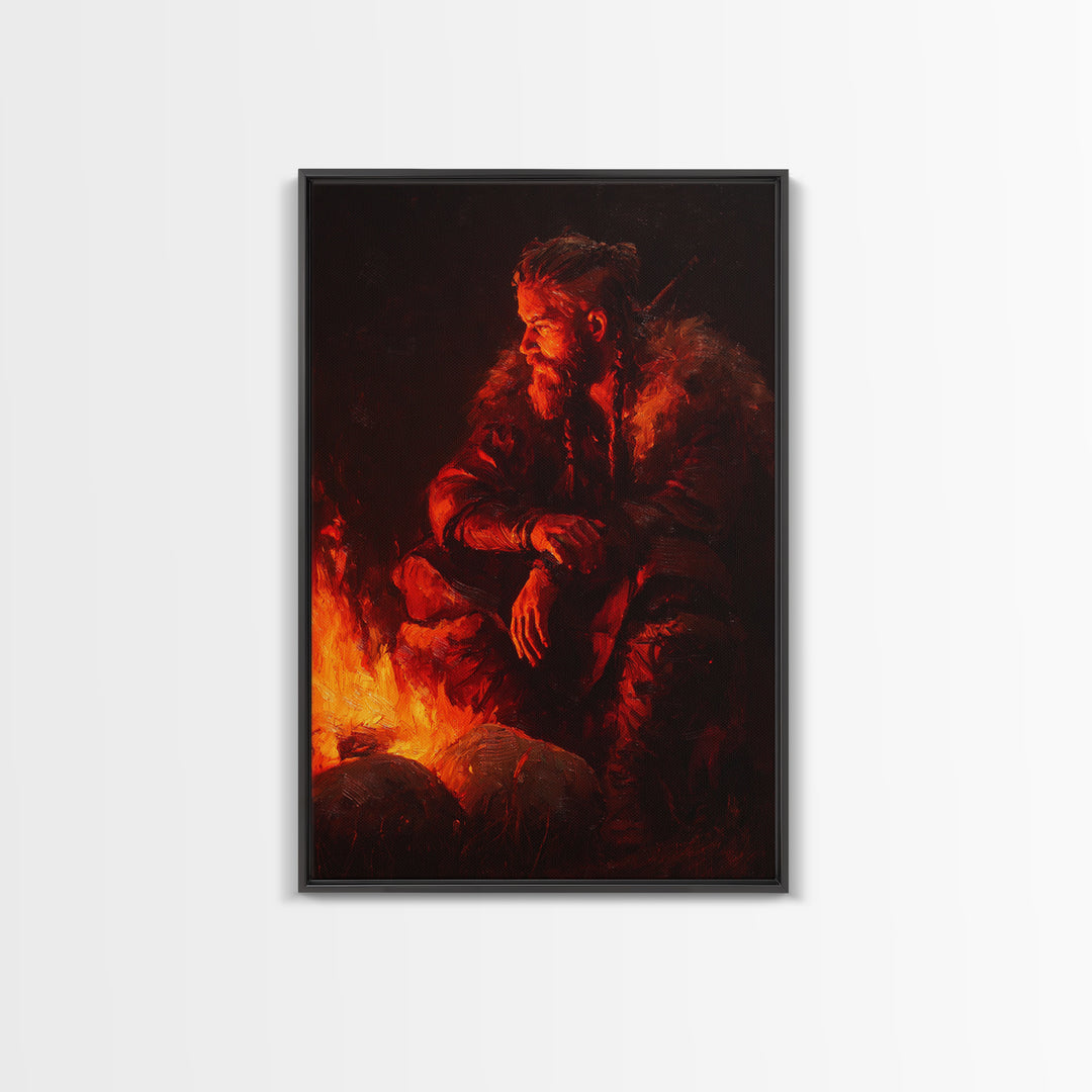 Viking Inspired Bearded Warrior Sitting By Campfire Dramatic Oil Painting Large Framed Canvas Print For Moody Wall Art Rustic Home Décor