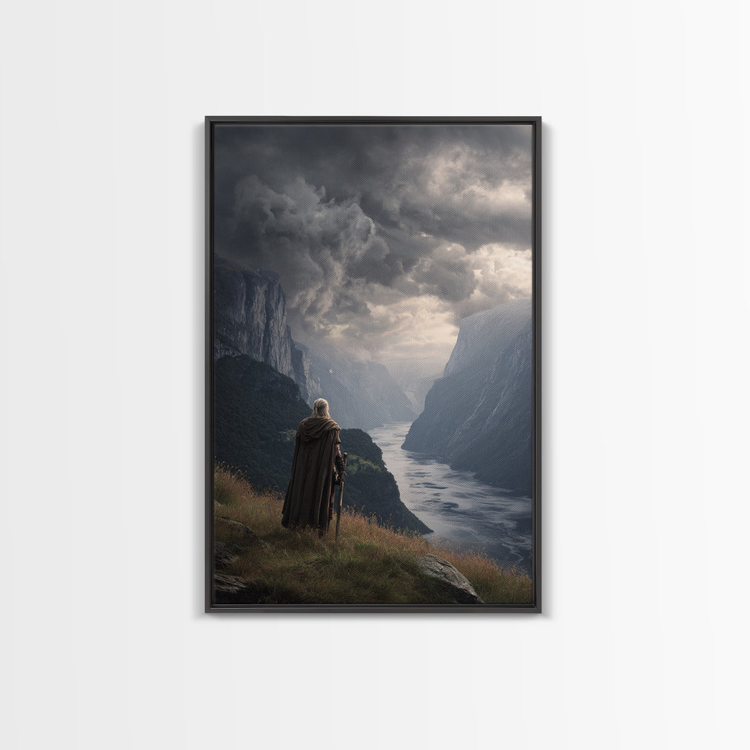 Cloaked Warrior Over Stormy Fjord Wall Art, Epic Nordic Landscape Canvas Print, Dark Academia Decor, Mountain Art Living Room Decor
