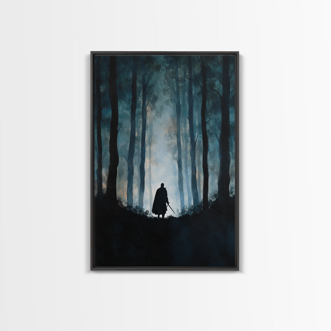 Lone Warrior In Misty Blue Forest Wall Art, Dark Fantasy Canvas Print, Moody Woodland Decor, Medieval Adventure Gift For Him