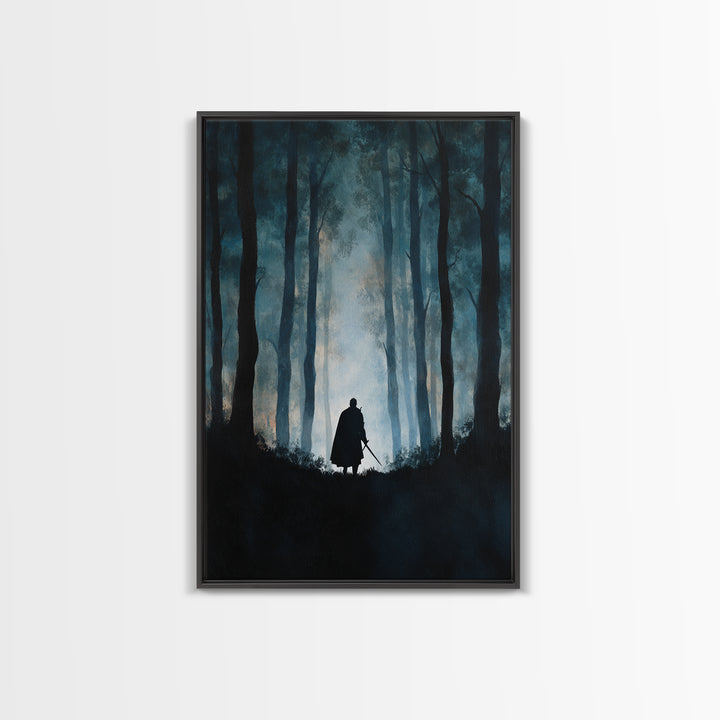 Lone Warrior In Misty Blue Forest Wall Art, Dark Fantasy Canvas Print, Moody Woodland Decor, Medieval Adventure Gift For Him