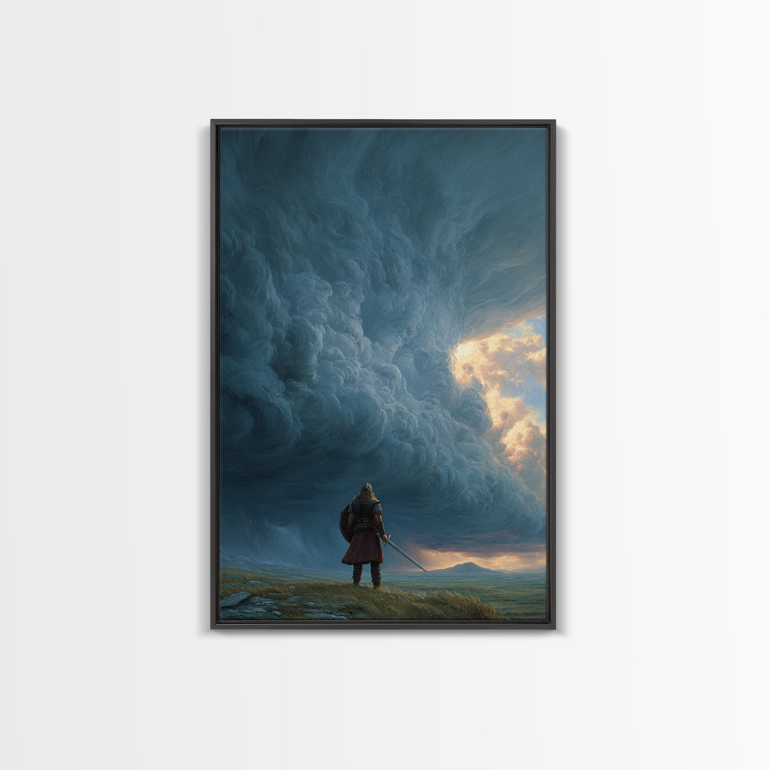 Lone Warrior Beneath Colossal Storm Clouds Wall Art, Fantasy Landscape Canvas, Dramatic Sky Decor, Large Statement Artwork