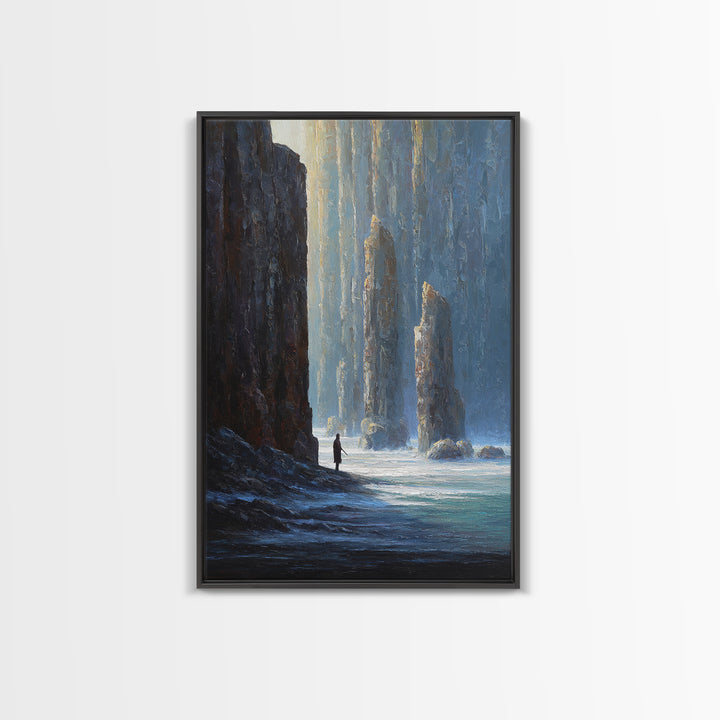 Lone Figure Among Blue Sea Cliffs Canvas Print, Moody Coastal Landscape Art, Fantasy Wall Decor, Modern Home Decor For Office