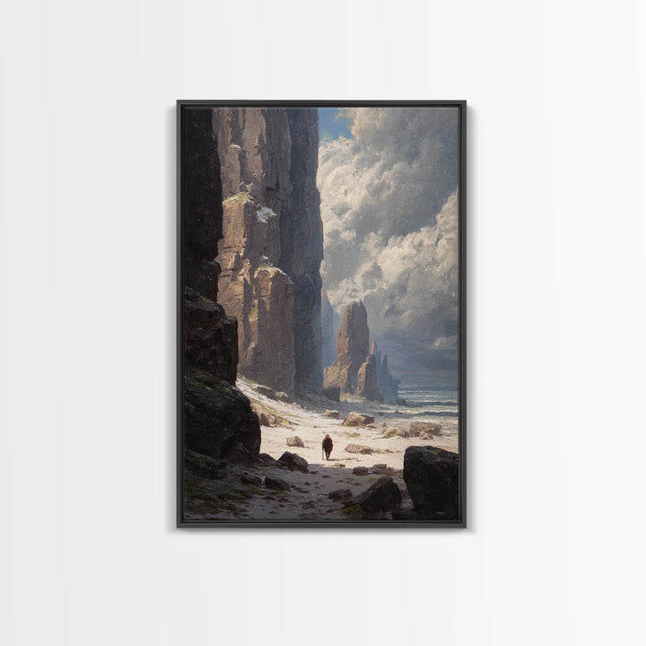 Towering Sea Cliffs And Lone Wanderer Canvas Print, Moody Coastal Landscape Art, Nautical Wall Decor, Living Room Art Print