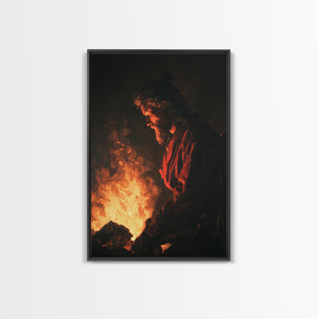 Moody Man Beside Fire Canvas Print, Dark Academia Wall Art, Baroque Inspired Portrait, Rustic Cabin Decor, Gift For Him Print