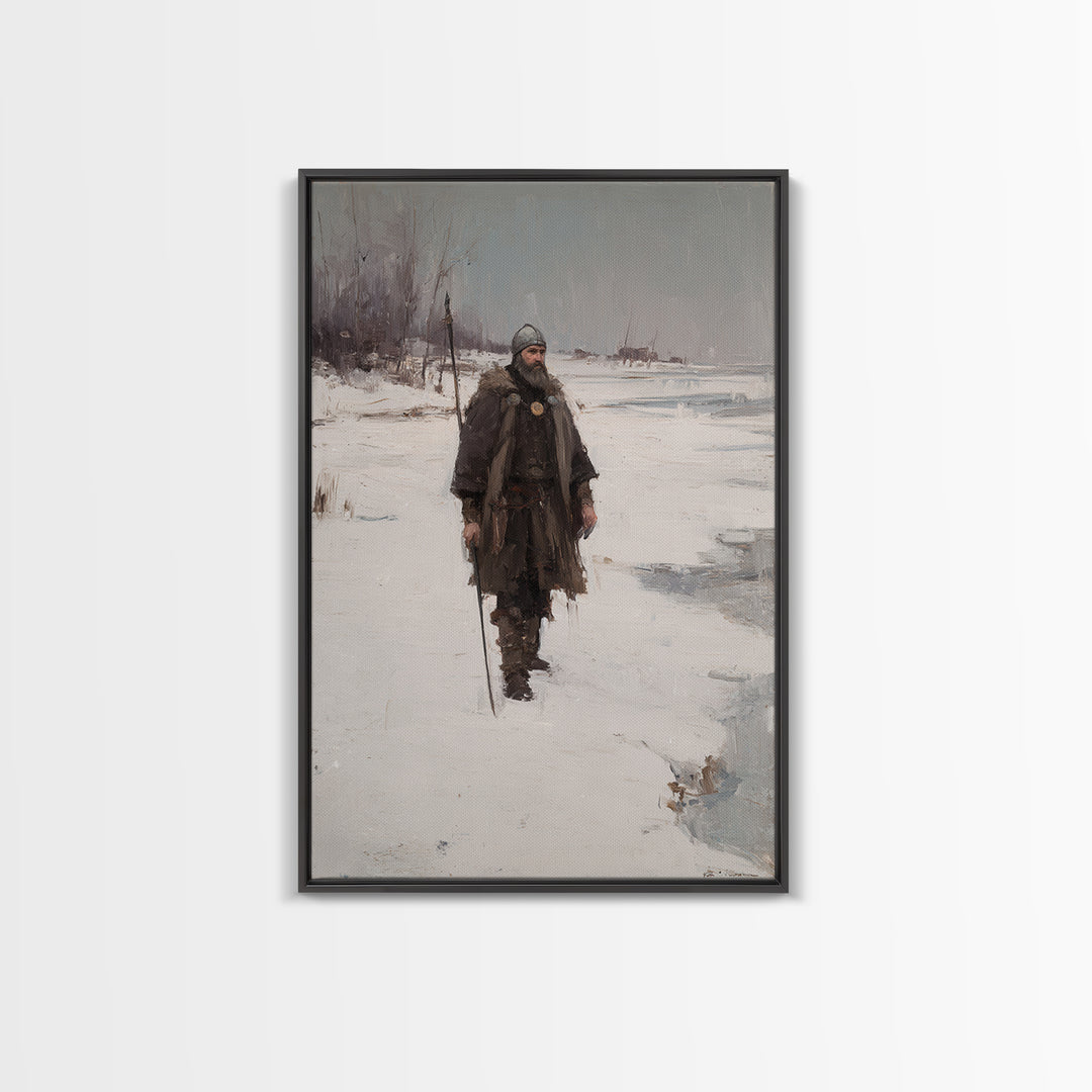 Viking Warrior In Snow Canvas Print, Medieval Winter Landscape Painting, Nordic Wall Art For Rustic Cabin Home Decor Gift