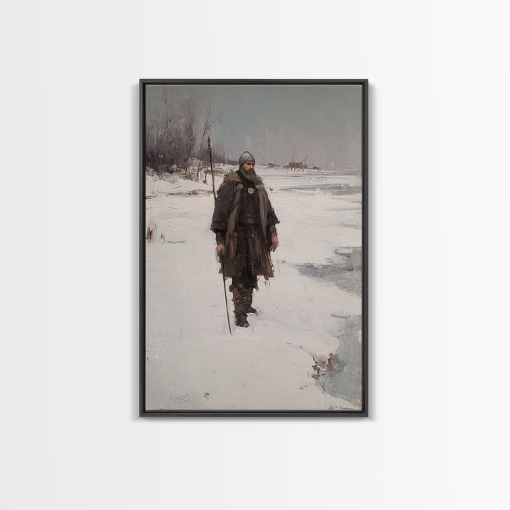 Viking Warrior In Snow Canvas Print, Medieval Winter Landscape Painting, Nordic Wall Art For Rustic Cabin Home Decor Gift