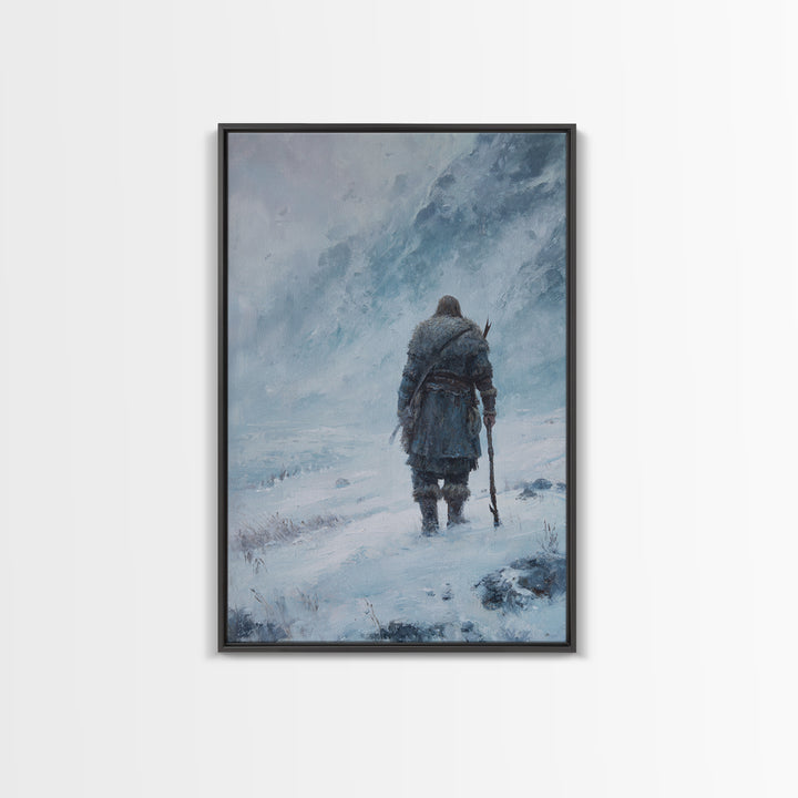 Lone Wanderer In Snowy Mountain Blizzard Wall Art, Viking Winter Landscape Canvas Print For Cabin Decor And Gift For Him