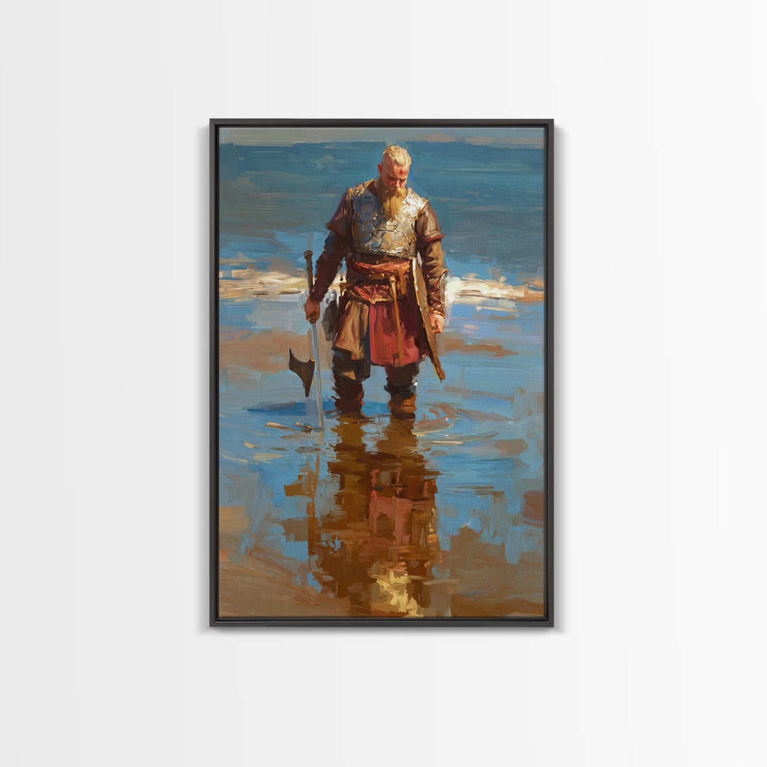 Blond Viking Warrior Standing In Reflective Shore Water Canvas Print, Coastal Fantasy Art, Masculine Wall Decor, Fine Art
