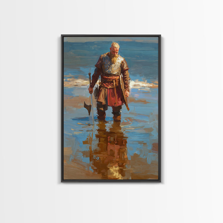 Blond Viking Warrior Standing In Reflective Shore Water Canvas Print, Coastal Fantasy Art, Masculine Wall Decor, Fine Art