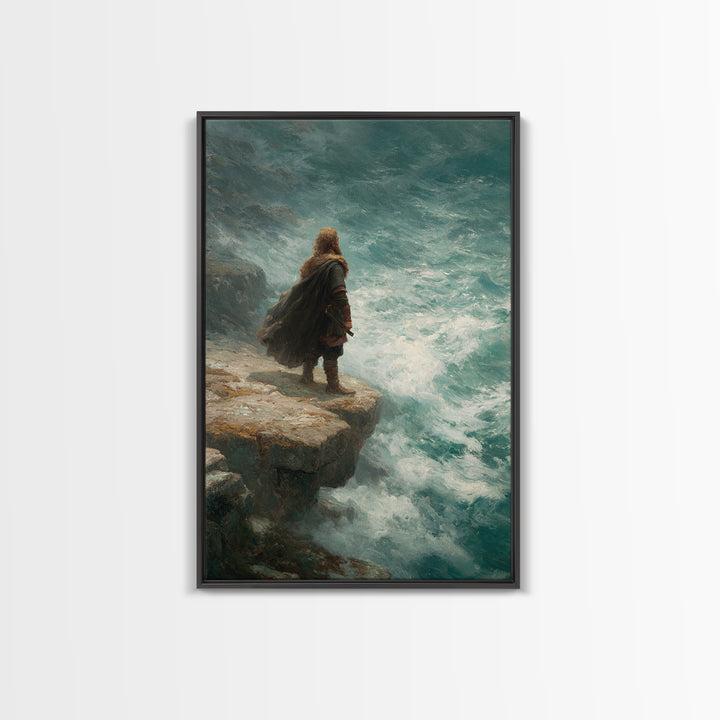 Viking Warrior At Turquoise Sea Wall Art, Coastal Fantasy Canvas Print, Ocean Seascape Painting, Norse Decor Gift For Him
