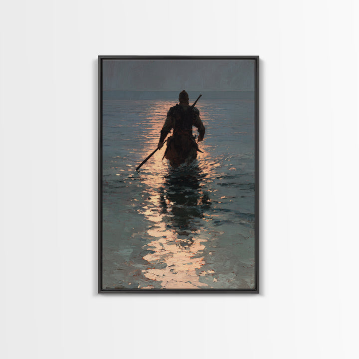 Lone Warrior Wading Through Sunset Sea Wall Art, Moody Seascape Canvas Print, Coastal Fantasy Large Living Room And Office Decor