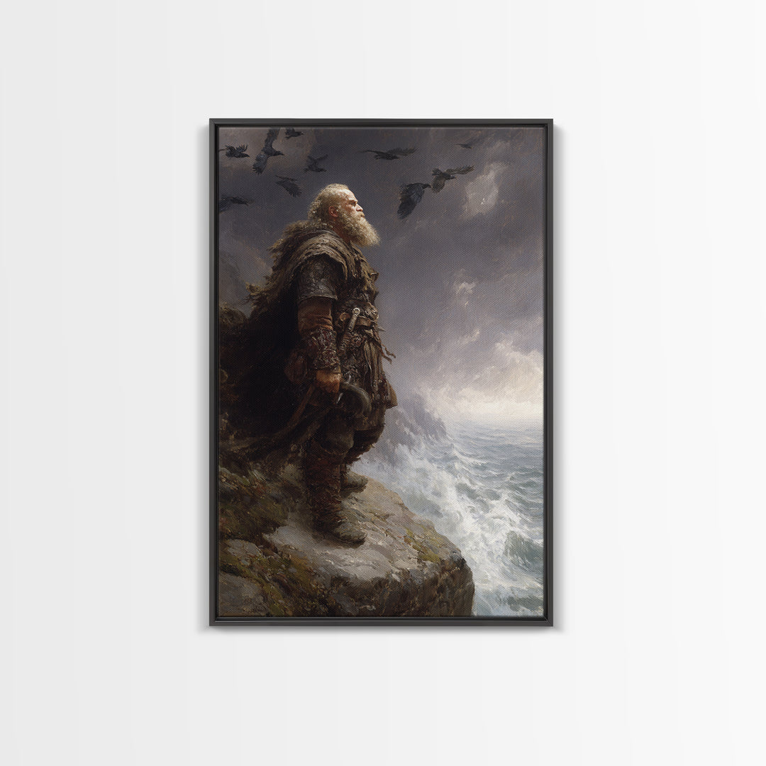 Bearded Viking On Stormy Sea Cliff Wall Art, Norse Raven Seascape Canvas Print, Dark Academia Masculine Decor, Gift For Him