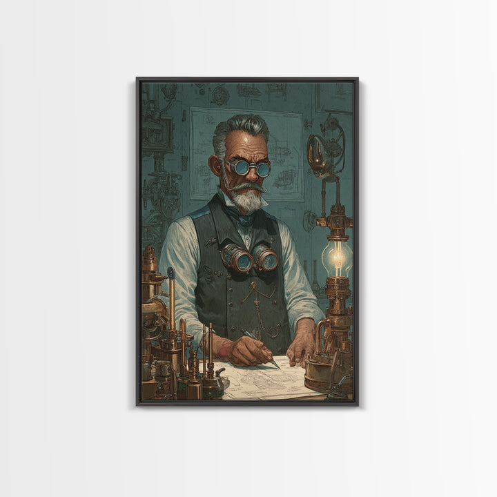 Steampunk Inventor Portrait With Goggles Wall Art, Industrial Office Decor, Science Art Print, Unique Gift For Him, Home Decor