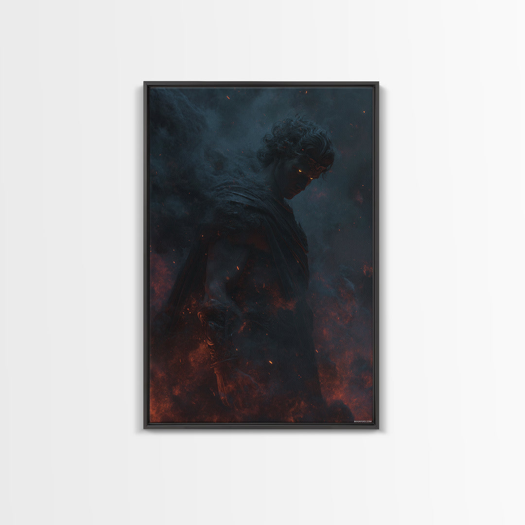 Fiery Dark Warrior With Glowing Eyes Wall Art, Mythological Fantasy Canvas Print, Gothic Decor, Dramatic Office Art For Men