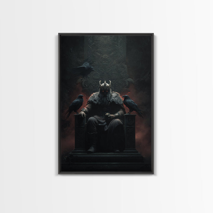 Dark Raven King On Gothic Throne Wall Art, Norse Mythology Fantasy Poster, Moody Viking Decor, Dark Academia Gift For Him