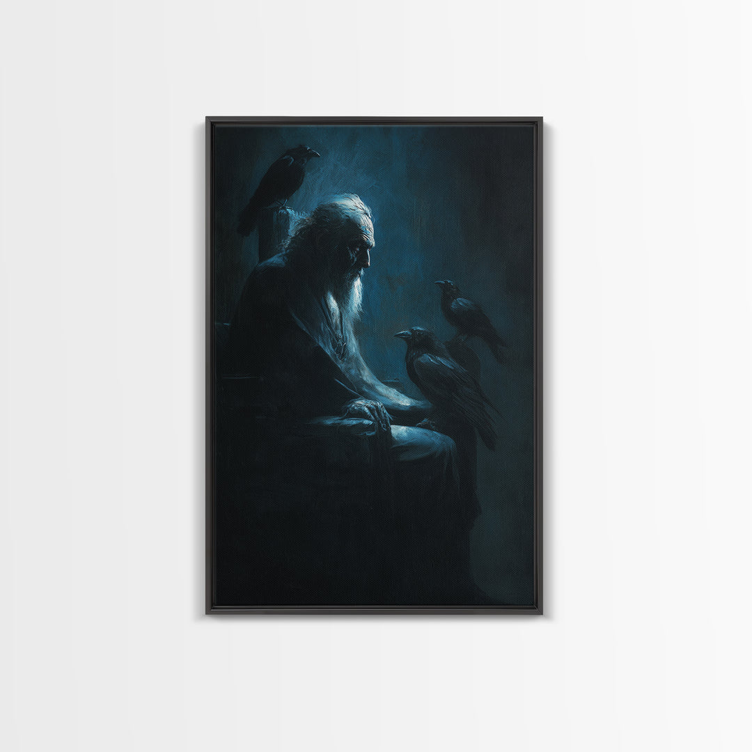 Elder With Ravens In Moody Blue Shadows Wall Art, Gothic Dark Academia Canvas Print For Living Room Decor And Unique Gift