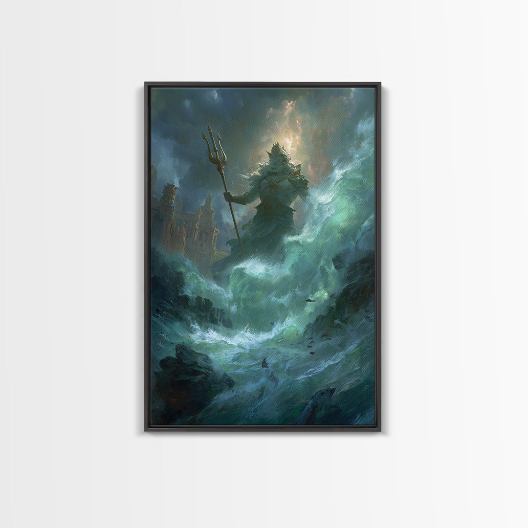 Colossal Sea God With Trident Canvas Print, Mythological Ocean Wall Art, Fantasy Seascape Decor, Dramatic Coastal Gift For Him