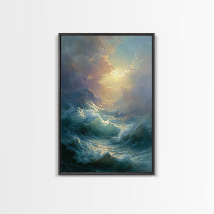 Stormy Ocean Wave Wall Art, Dramatic Seascape Oil Painting, Coastal Canvas Decor For Living Room And Beach House Gift Idea
