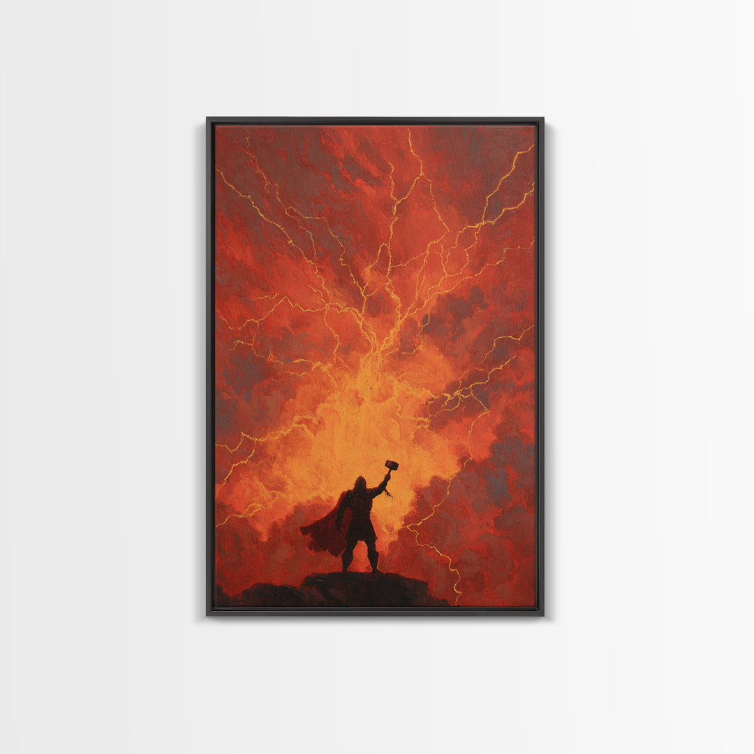 Thor Hammer Lightning Wall Art, Norse Mythology Storm Painting, Dramatic Red Sky Canvas Decor For Fantasy Home Office Gift