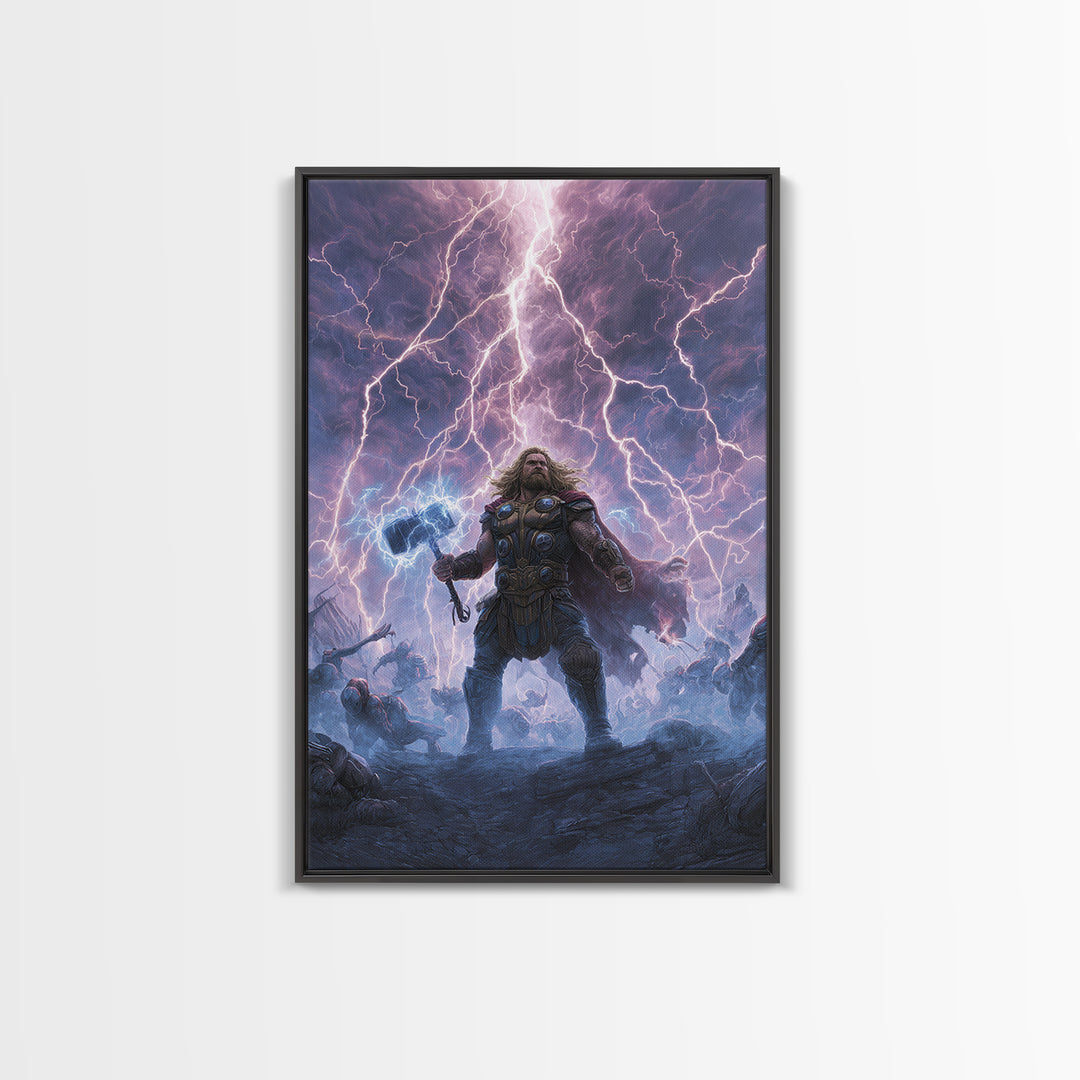 Thunder Warrior With Hammer In Lightning Storm Wall Art, Norse Mythology Canvas Print, Viking Decor, Epic Fantasy Gift For Him