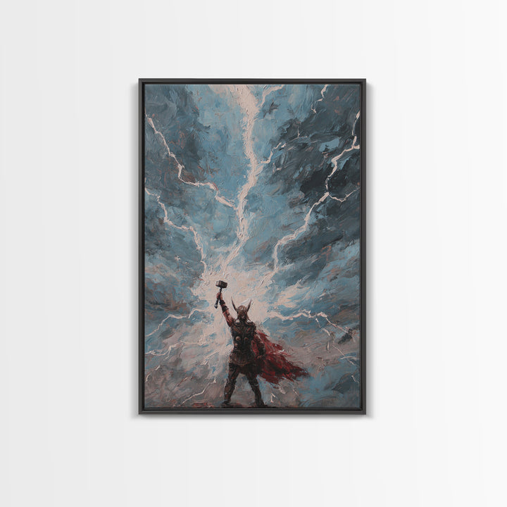 Norse Thunder Warrior Raising Hammer Wall Art, Lightning Storm Canvas Print For Fantasy Decor And Mythology Gift For Him