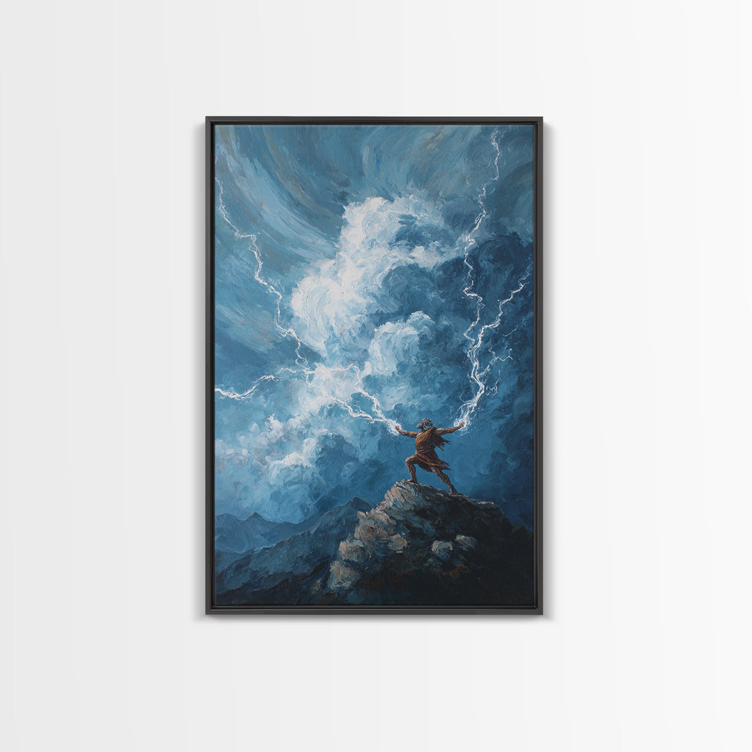 Tiny Warrior On Mountain Summoning Lightning Wall Art, Epic Storm Canvas Print For Fantasy Landscape Decor And Gift For Him