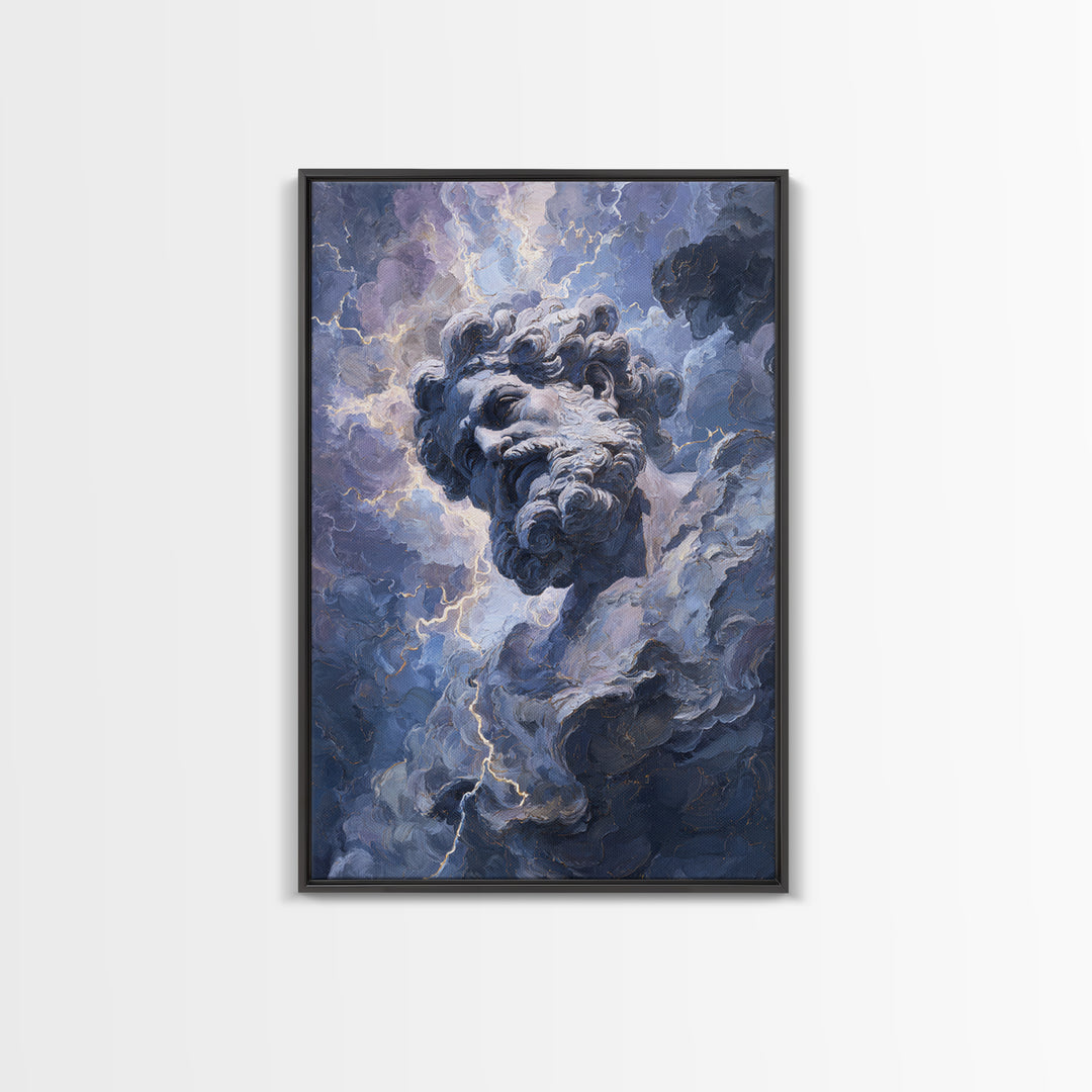 Classical Marble God In Thunder Clouds Framed Canvas Print, Mythology Wall Art, Dramatic Storm Decor, Dark Academia Gift