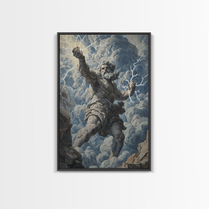 Zeus Lightning God Wall Art, Greek Mythology Statue Painting, Dramatic Storm Clouds Canvas Decor For Classical Home Gift