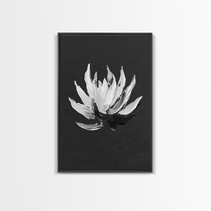 Black and White Oil Painting of Lotus Flower Minimalist Wall Art Original Canvas Print for Modern Home Decor