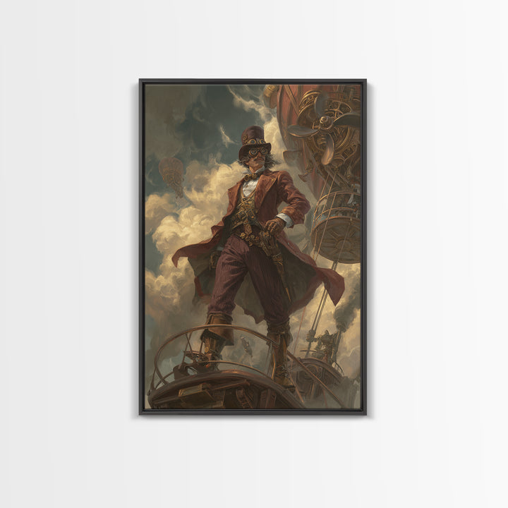 Airship Captain In Storm Clouds Canvas Print, Steampunk Fantasy Art, Industrial Wall Decor, Masculine Office Decor, Gift For Him