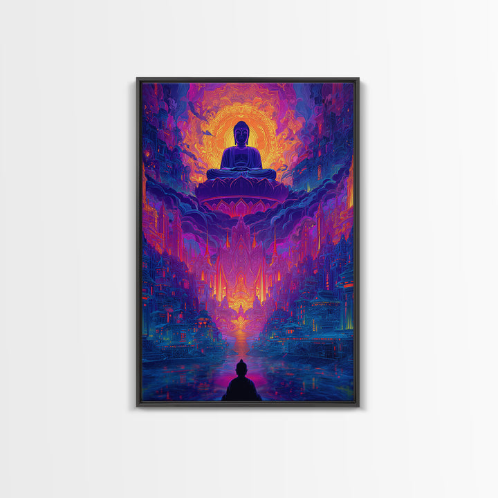 Vibrant Spiritual Buddha Cityscape With Radiant Glow Wall Art Modern Home Decor