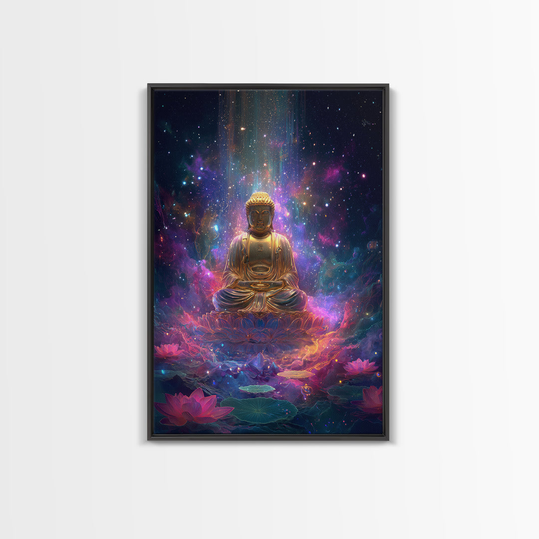 Colorful Glowing Golden Buddha In Cosmic Space Spiritual Wall Art Framed Canvas Print For Home